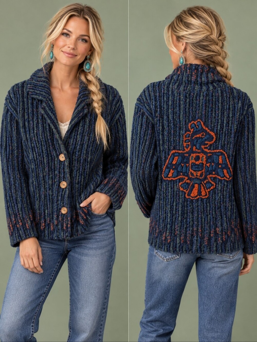 Vtg Starfire Cozy Navy Ribbed Button-Front Jacket Orange Thunderbird Back Sz 12